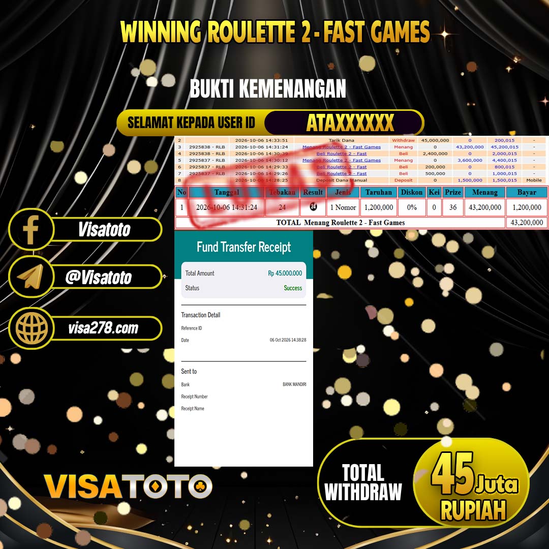 VISATOTO JACKPOT LIVE GAMES ROULETTE 2 - FAST GAMES RP.45.000.000, - LUNAS  USER  ID ATA****