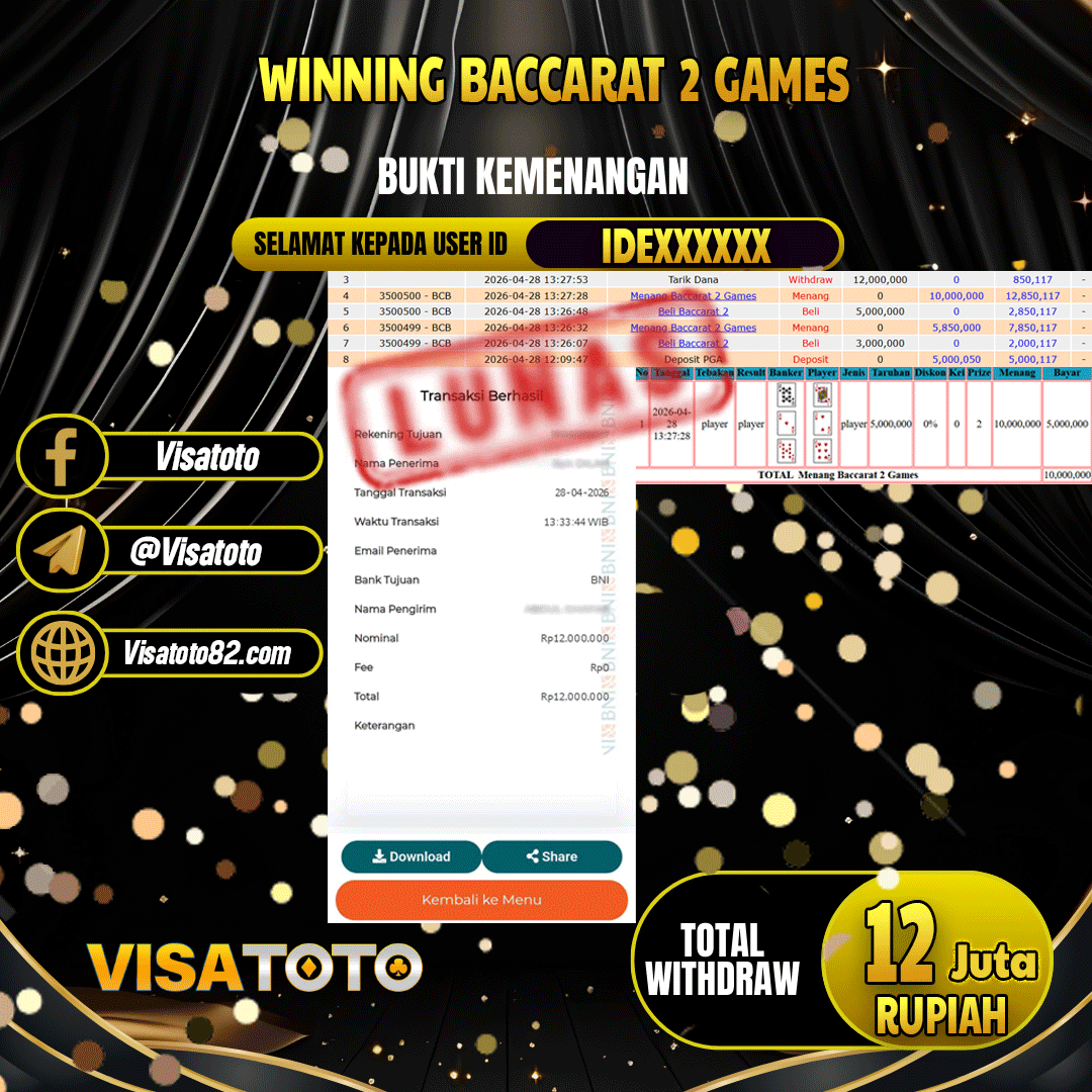 VISATOTO JACKPOT LIVE GAMES BACCARAT 2 GAMES RP.12.000.000,- LUNAS USER ID  IDE***