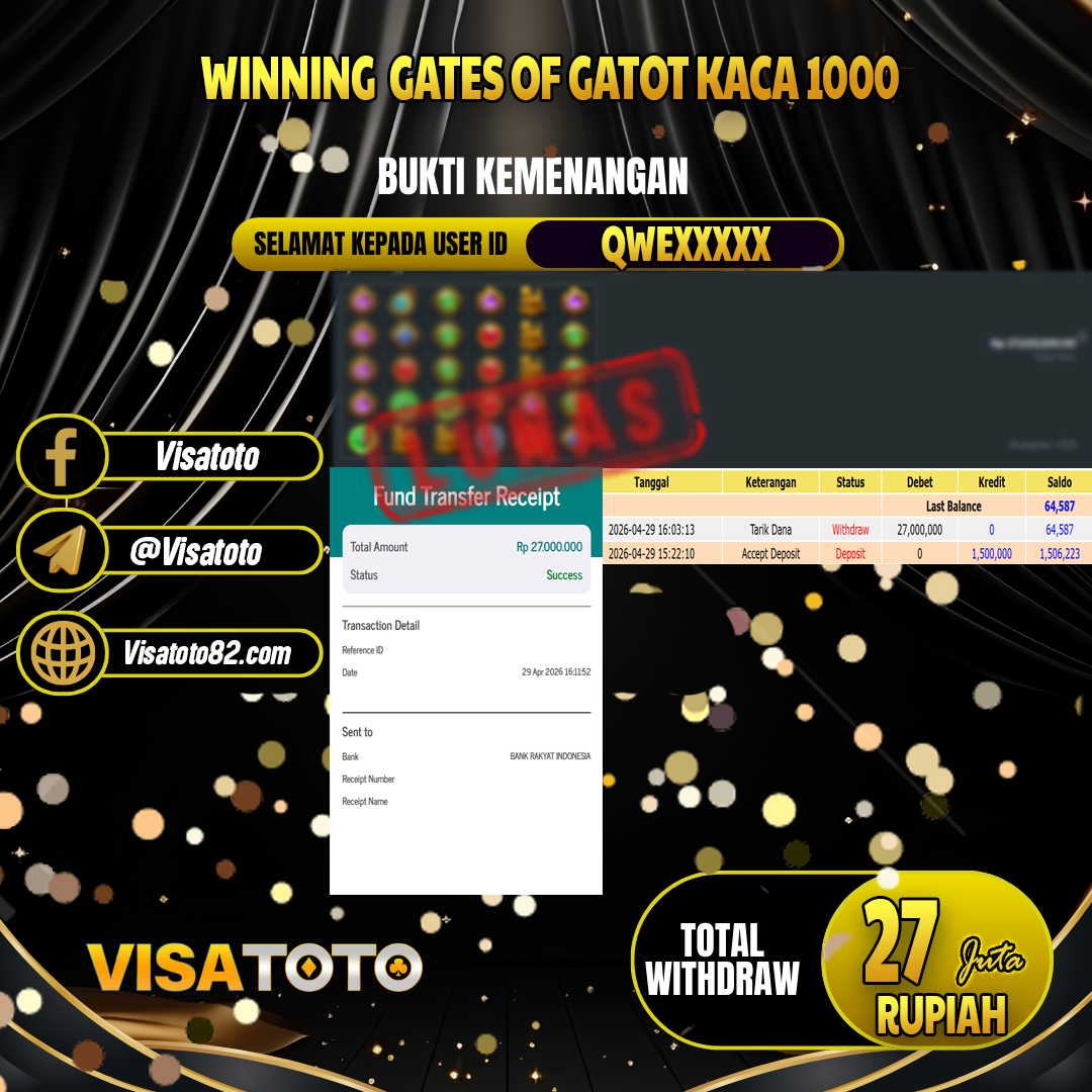 VISATOTO JACKPOT SLOT GATES OF GATOT KACA 1000 RP.27.000.000,- LUNAS USER ID QWE***
