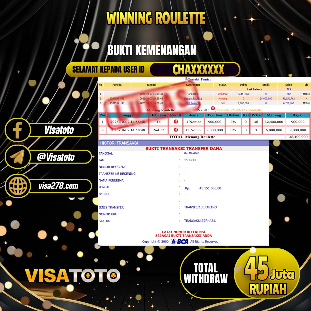 VISATOTO JACKPOT LIVE GAMES ROULETTE RP.45.000.000, - LUNAS  USER  ID CHA****