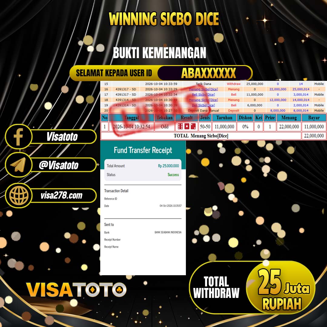 VISATOTO JACKPOT LIVE GAMES SICBO DICE RP.25.000.000, - LUNAS  USER  ID  ABA****