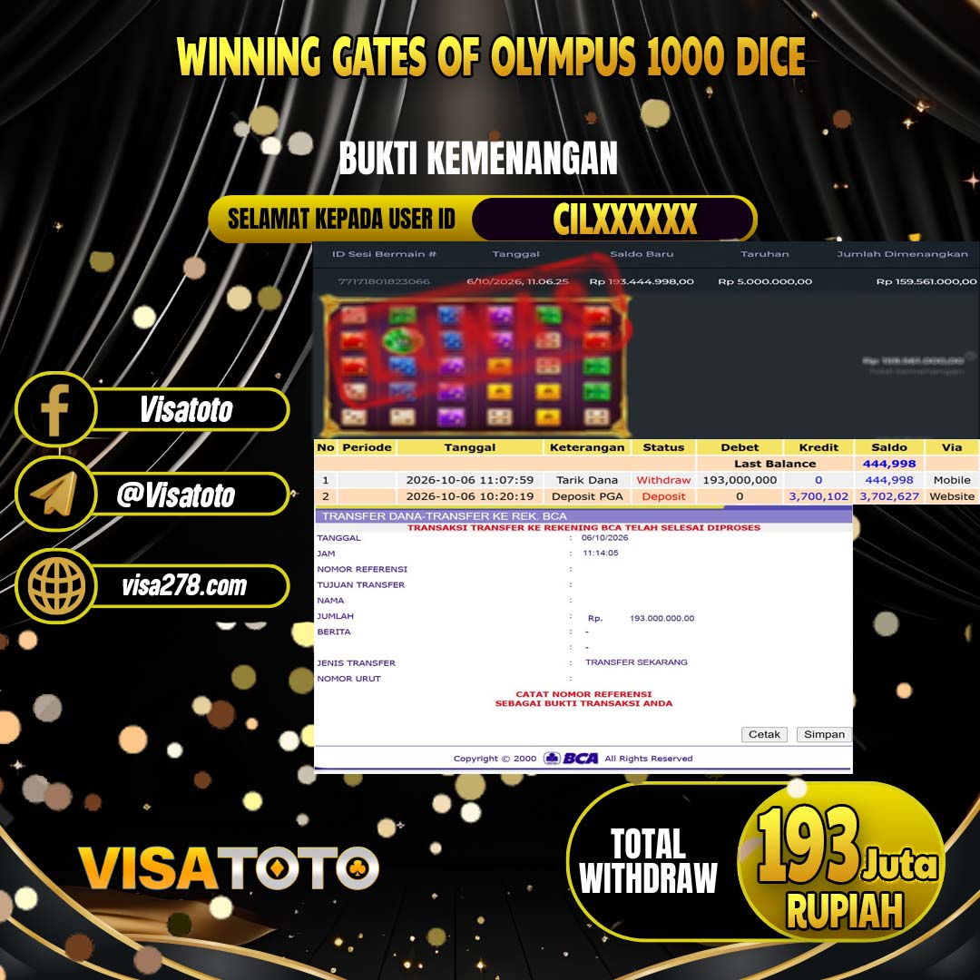 VISATOTO JACKPOT SLOT GATES OF OLYMPUS 1000 DICE RP.193.000.000, - LUNAS  USER  ID CIL****