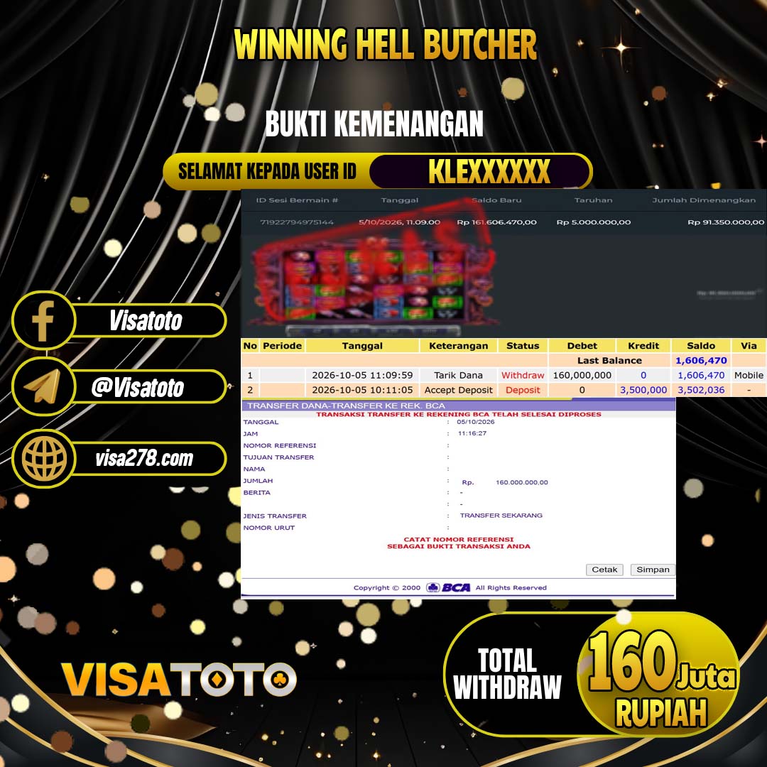 VISATOTO JACKPOT SLOT HELL BUTCHER RP.160.000.000, - LUNAS  USER  ID KLE****