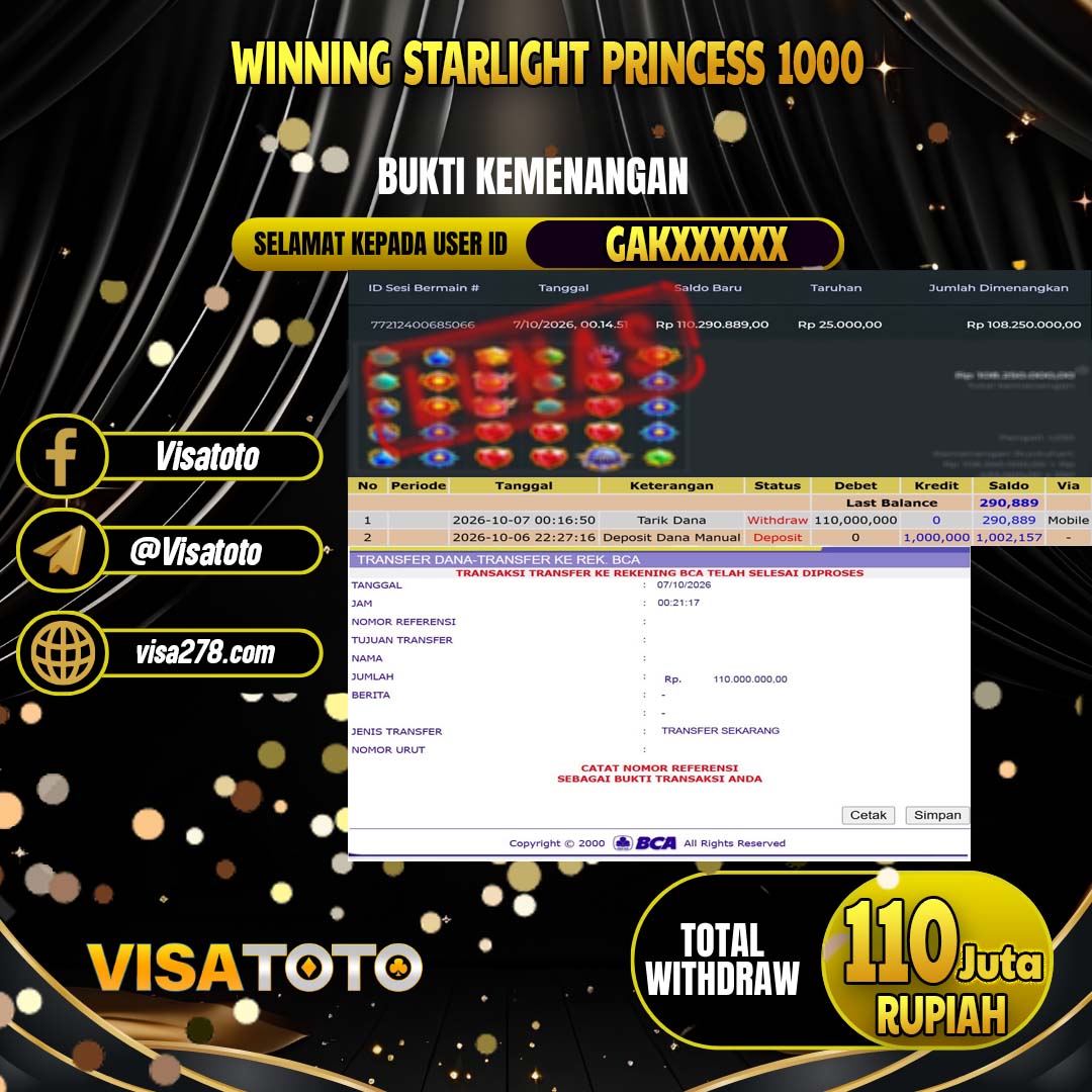 VISATOTO JACKPOT SLOT STARLIGHT PRINCESS 1000 RP.110.000.000, - LUNAS  USER  ID GAK****