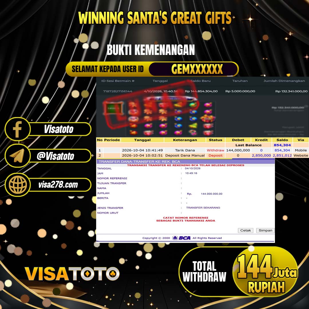 VISATOTO JACKPOT SLOT SANTA'S GREAT GIFTS RP.144.000.000, - LUNAS  USER  ID  GEM****