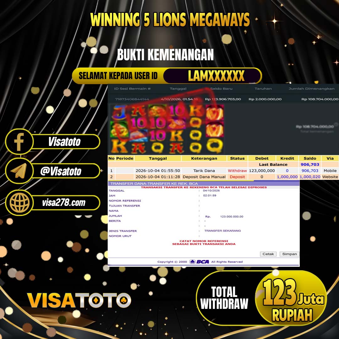 VISATOTO JACKPOT SLOT 5 LIONS MEGAWAYS RP.123.000.000, - LUNAS  USER  ID  LAM****