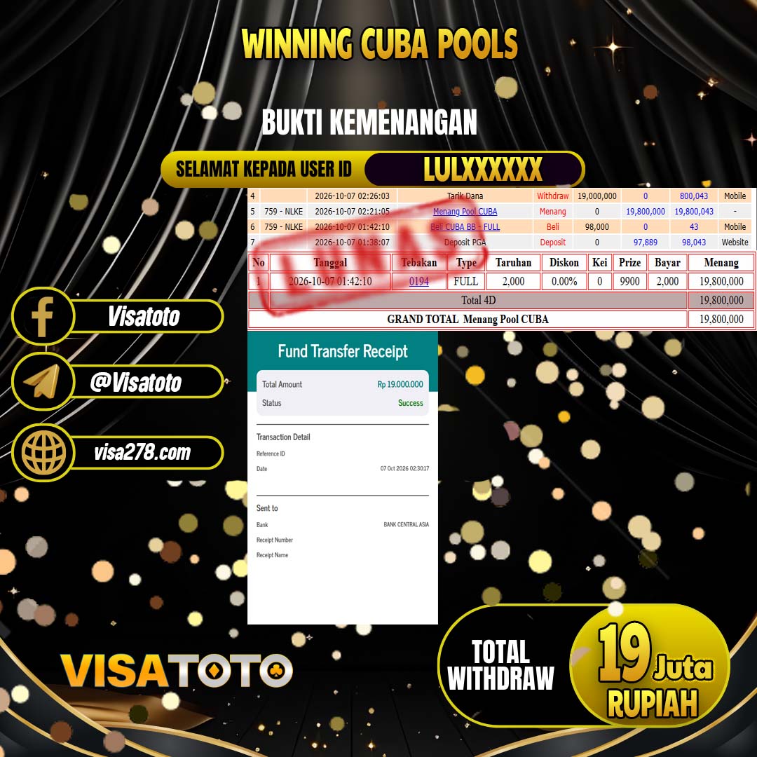 VISATOTO JACKPOT TOGEL CUBA RP.19.000.000, - LUNAS  USER  ID LUL****